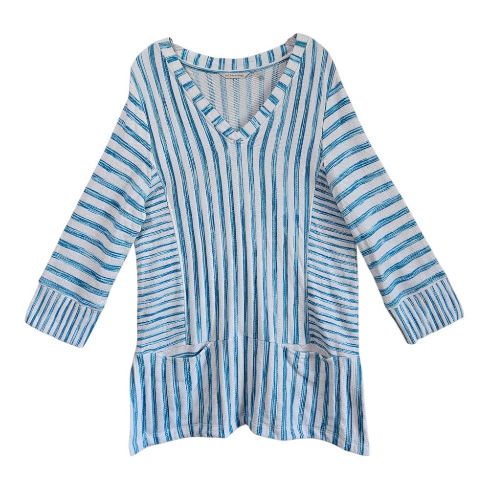 SOFT SURROUNDINGS L Briza Tunic Top Cover-Up Turquoise Striped Beach Resort 40"